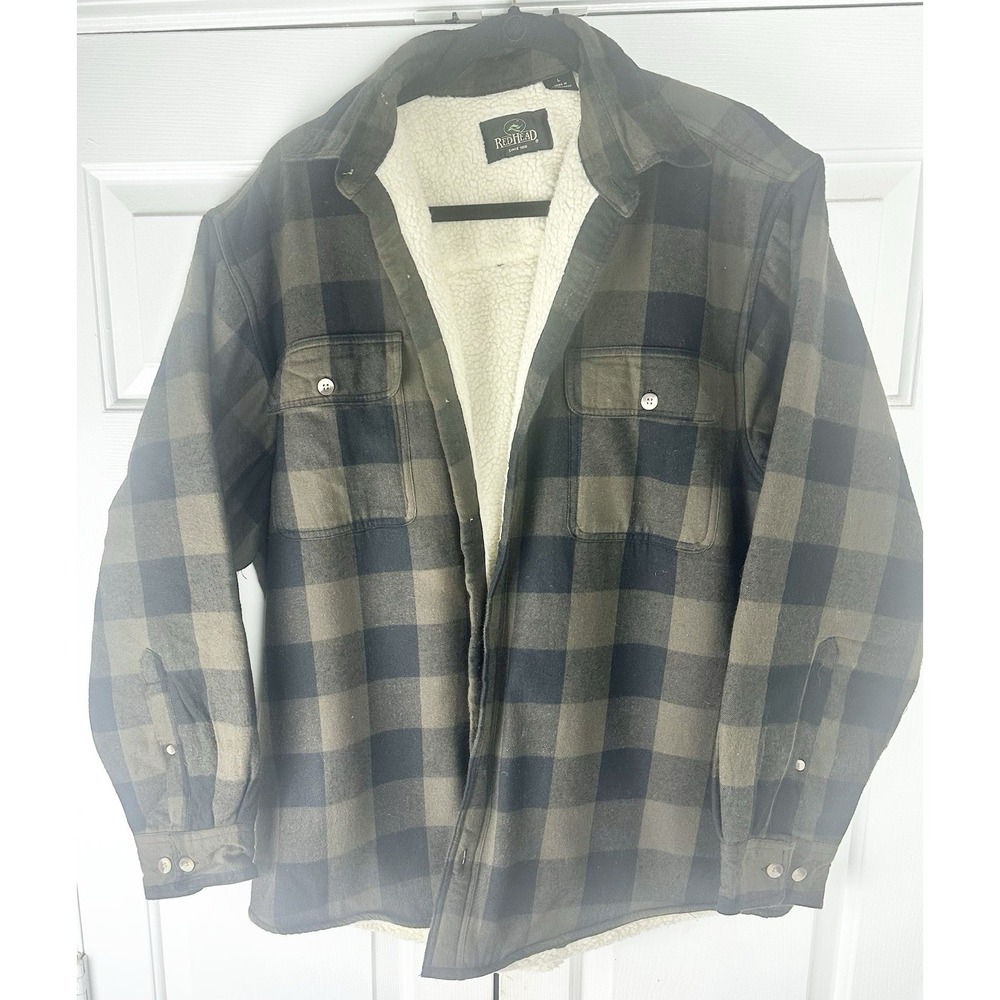 RedHead Sherpa Lined Plaid Black Olive Flannel Buttton Shirt Jacket-Mens Sz L